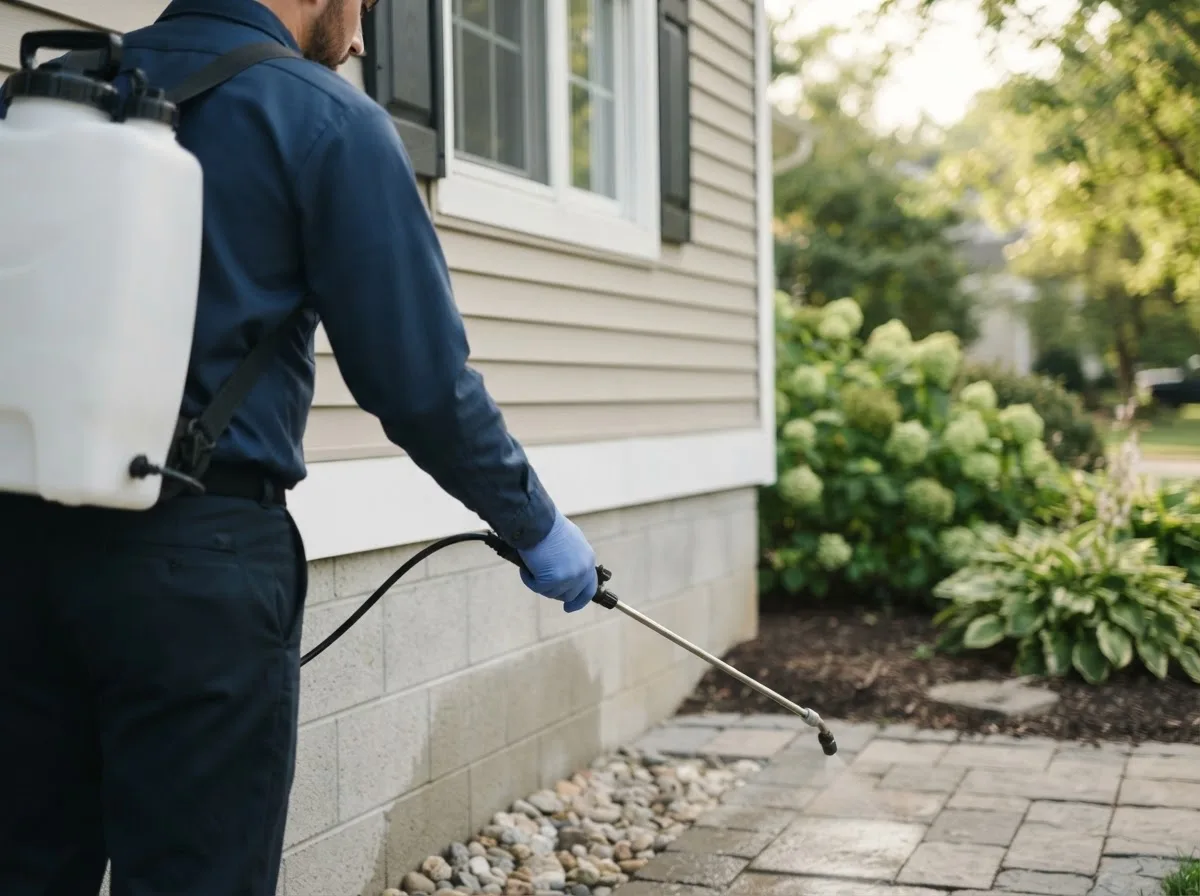 Pest control technician inspecting a home in Upton, MA